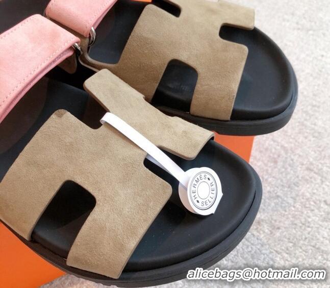 Hot Style Hermes Chypre Flat Sandals in Suede Khaki Grey 425157