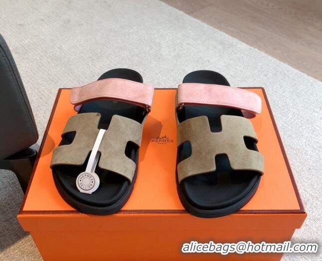 Hot Style Hermes Chypre Flat Sandals in Suede Khaki Grey 425157