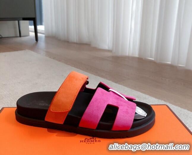 Low Price Hermes Chypre Flat Sandals in Suede Pink/Orange 425158