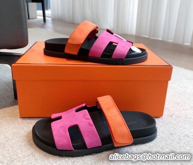 Low Price Hermes Chypre Flat Sandals in Suede Pink/Orange 425158