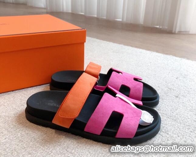 Low Price Hermes Chypre Flat Sandals in Suede Pink/Orange 425158