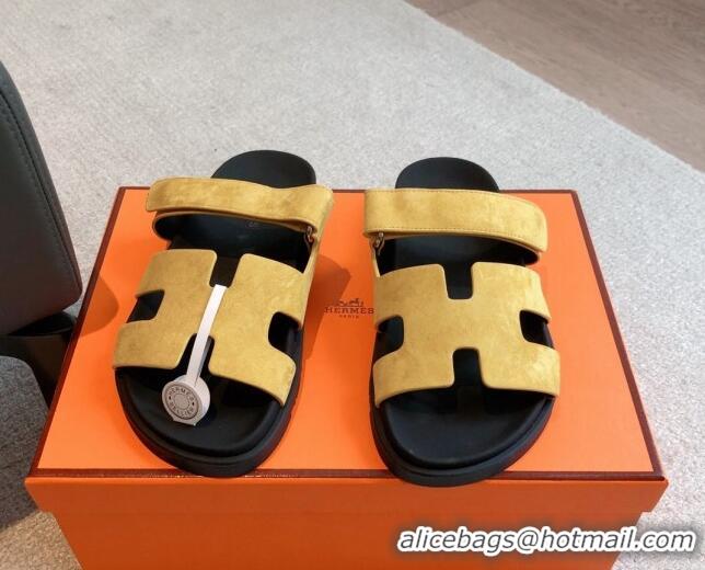 Grade Quality Hermes Chypre Flat Sandals in Suede Yellow 425159