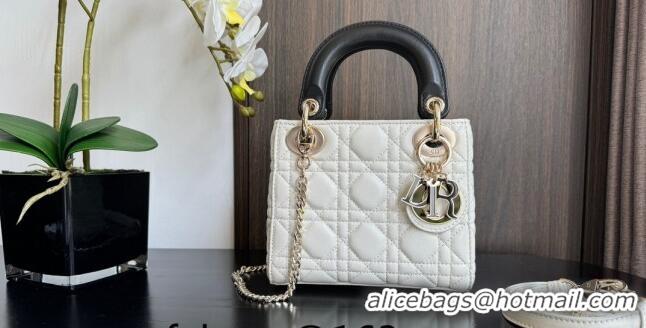 Top Grade Dior Mini Lady Dior Bag in Two-Tone Cannage Lambskin 0505 White/Black 2024