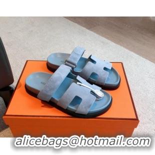 Top Grade Hermes Chypre Flat Sandals in Suede Light Blue 425160