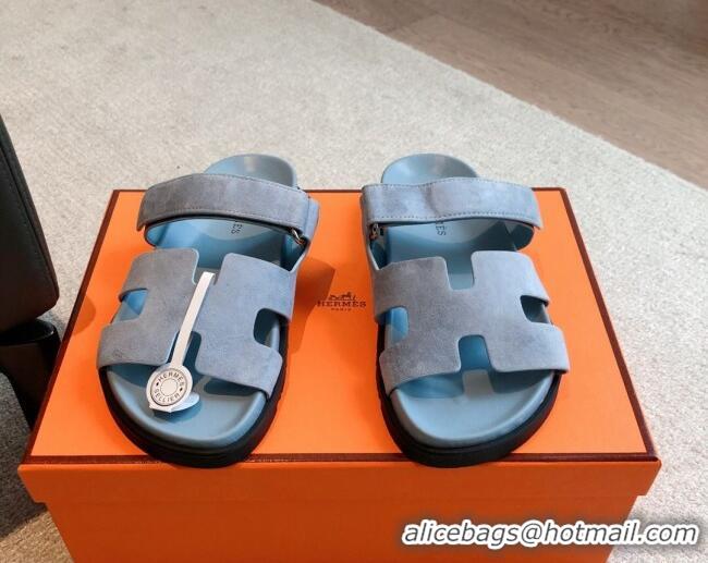 Top Grade Hermes Chypre Flat Sandals in Suede Light Blue 425160