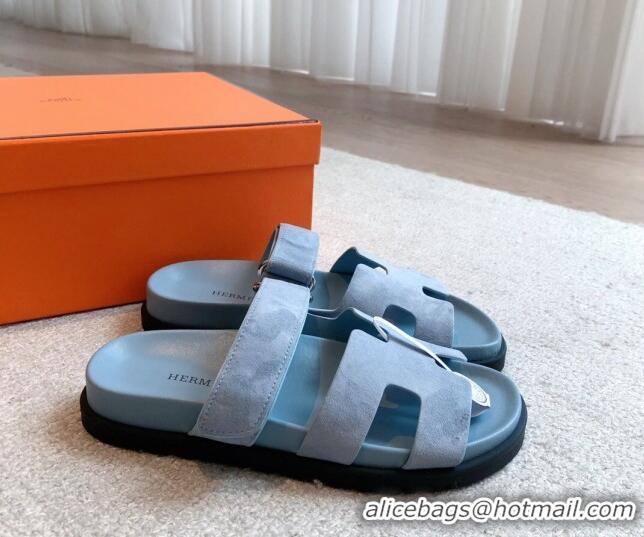 Top Grade Hermes Chypre Flat Sandals in Suede Light Blue 425160