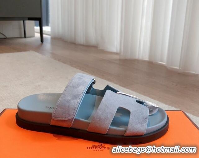 Top Grade Hermes Chypre Flat Sandals in Suede Light Blue 425160