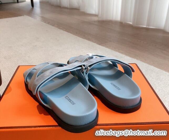 Top Grade Hermes Chypre Flat Sandals in Suede Light Blue 425160