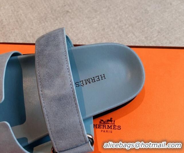 Top Grade Hermes Chypre Flat Sandals in Suede Light Blue 425160