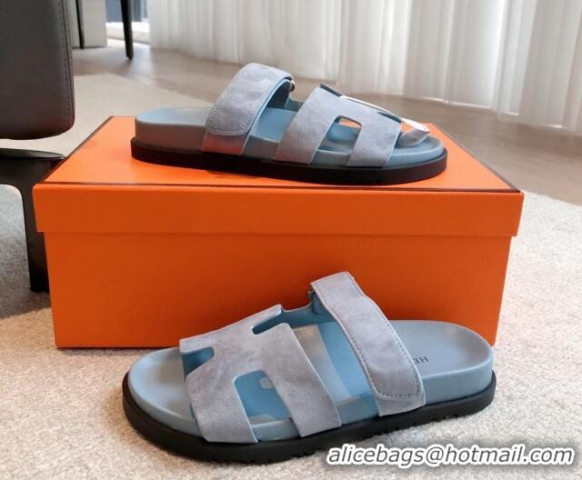 Top Grade Hermes Chypre Flat Sandals in Suede Light Blue 425160