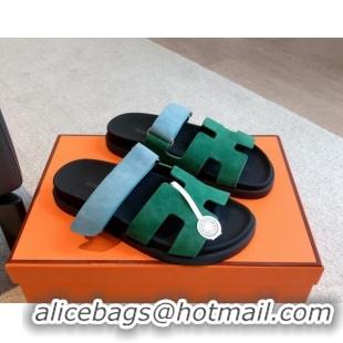 Popular Style Hermes Chypre Flat Sandals in Suede Blue/Green 425161