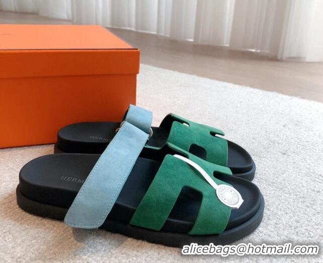 Popular Style Hermes Chypre Flat Sandals in Suede Blue/Green 425161