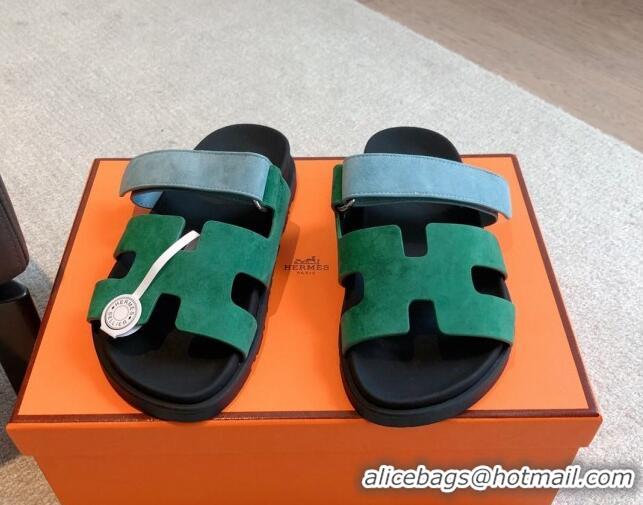 Popular Style Hermes Chypre Flat Sandals in Suede Blue/Green 425161