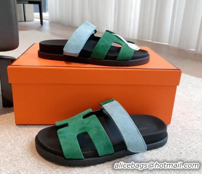 Popular Style Hermes Chypre Flat Sandals in Suede Blue/Green 425161