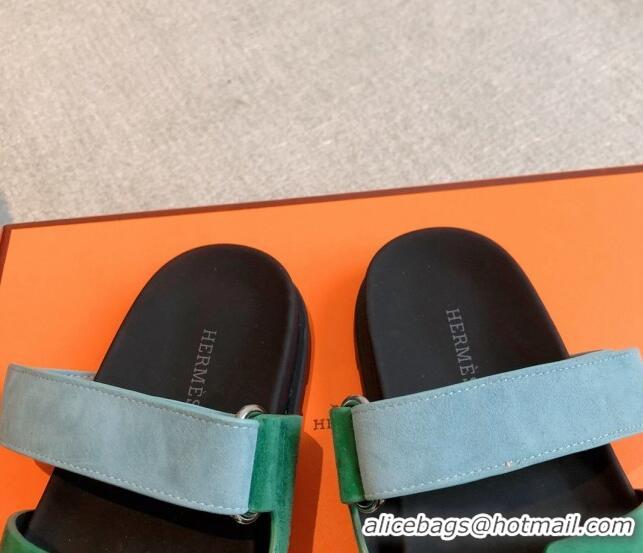 Popular Style Hermes Chypre Flat Sandals in Suede Blue/Green 425161