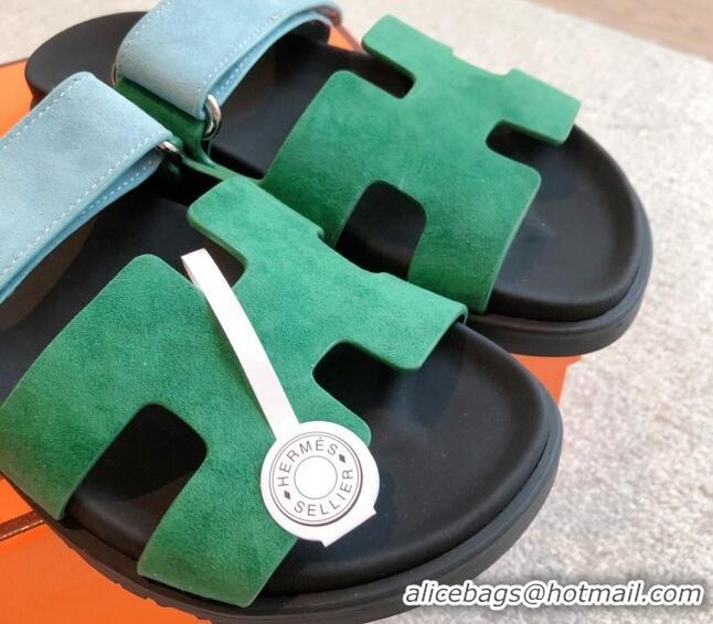 Popular Style Hermes Chypre Flat Sandals in Suede Blue/Green 425161