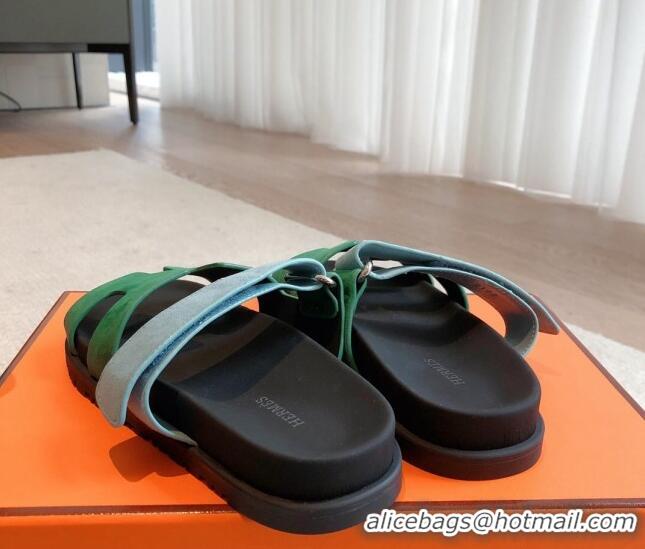 Popular Style Hermes Chypre Flat Sandals in Suede Blue/Green 425161