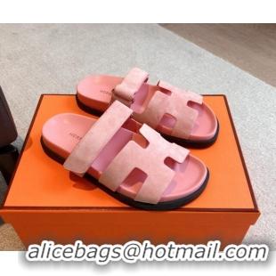 Stylish Hermes Chypre Flat Sandals in Suede Pink 425162