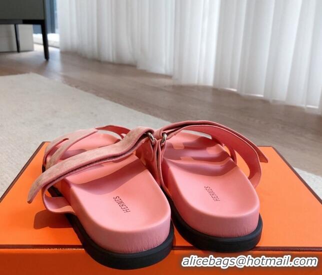 Stylish Hermes Chypre Flat Sandals in Suede Pink 425162