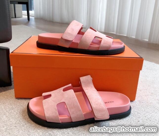 Stylish Hermes Chypre Flat Sandals in Suede Pink 425162