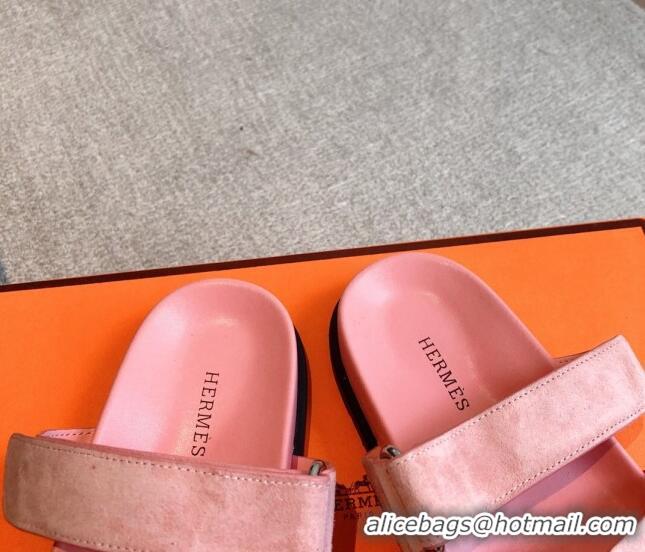 Stylish Hermes Chypre Flat Sandals in Suede Pink 425162