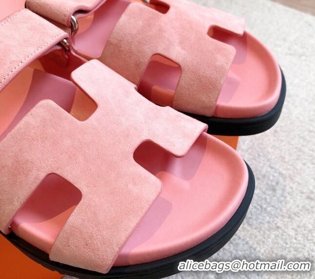 Stylish Hermes Chypre Flat Sandals in Suede Pink 425162