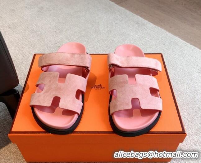 Stylish Hermes Chypre Flat Sandals in Suede Pink 425162