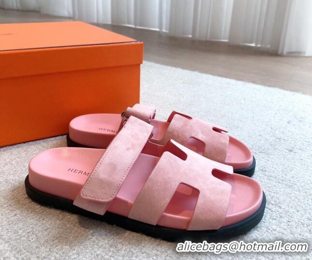 Stylish Hermes Chypre Flat Sandals in Suede Pink 425162