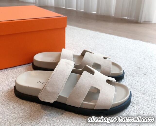 Good Looking Hermes Chypre Flat Sandals in Suede Light Grey 425163