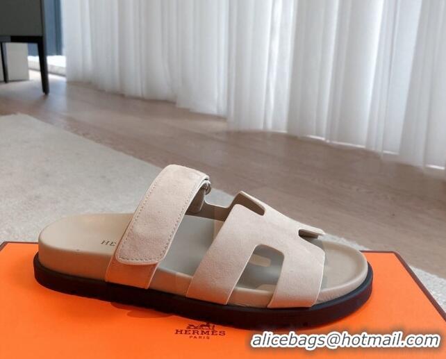 Good Looking Hermes Chypre Flat Sandals in Suede Light Grey 425163