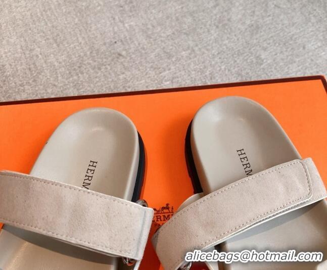 Good Looking Hermes Chypre Flat Sandals in Suede Light Grey 425163