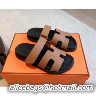 Unique Style Hermes Chypre Flat Sandals in Palm-Grained Calfskin Brown/Black 425164