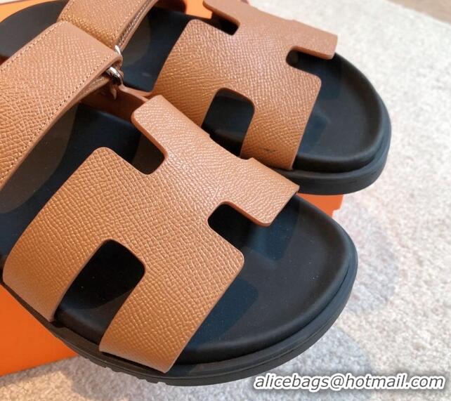 Unique Style Hermes Chypre Flat Sandals in Palm-Grained Calfskin Brown/Black 425164