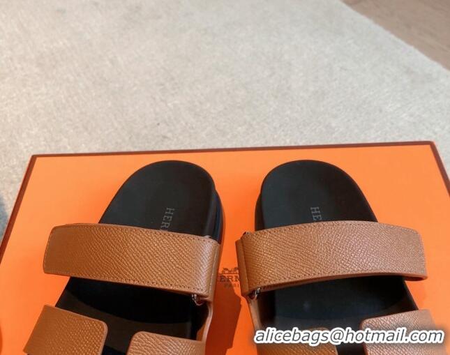 Unique Style Hermes Chypre Flat Sandals in Palm-Grained Calfskin Brown/Black 425164