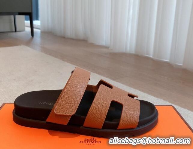 Unique Style Hermes Chypre Flat Sandals in Palm-Grained Calfskin Brown/Black 425164