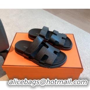 Best Product Hermes Chypre Flat Sandals in Palm-Grained Calfskin Black/Silver 425165