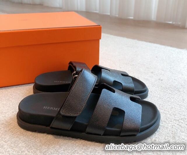 Best Product Hermes Chypre Flat Sandals in Palm-Grained Calfskin Black/Silver 425165