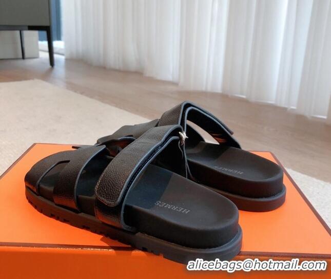 Best Product Hermes Chypre Flat Sandals in Palm-Grained Calfskin Black/Silver 425165