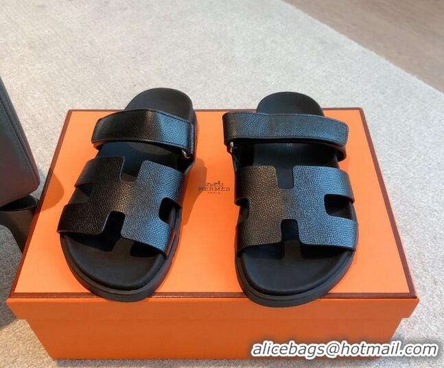 Best Product Hermes Chypre Flat Sandals in Palm-Grained Calfskin Black/Silver 425165