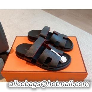 Lowest Price Hermes Chypre Flat Sandals in Palm-Grained Calfskin Black/Red 425167