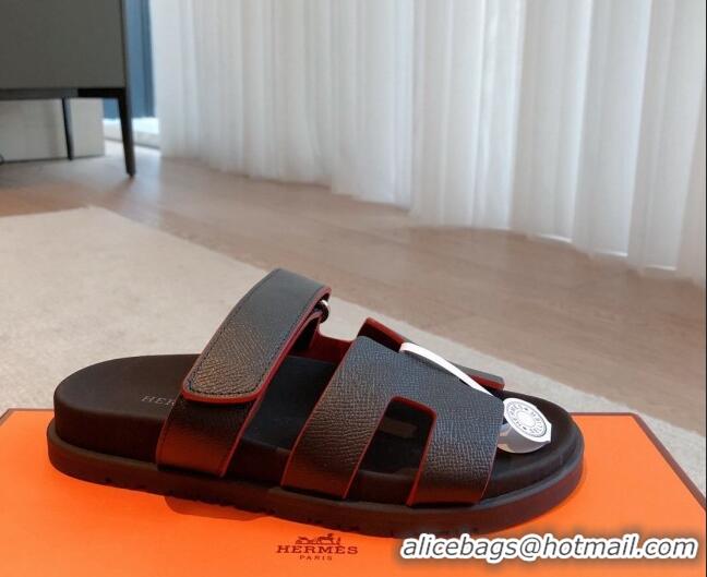 Lowest Price Hermes Chypre Flat Sandals in Palm-Grained Calfskin Black/Red 425167