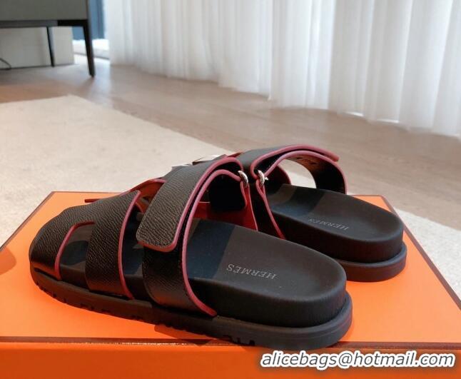 Lowest Price Hermes Chypre Flat Sandals in Palm-Grained Calfskin Black/Red 425167