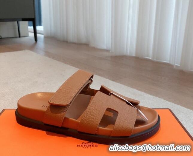 Shop Duplicate Hermes Chypre Flat Sandals in Palm-Grained Calfskin Brown/Silver 425169