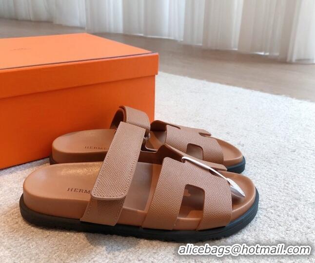 Shop Duplicate Hermes Chypre Flat Sandals in Palm-Grained Calfskin Brown/Silver 425169