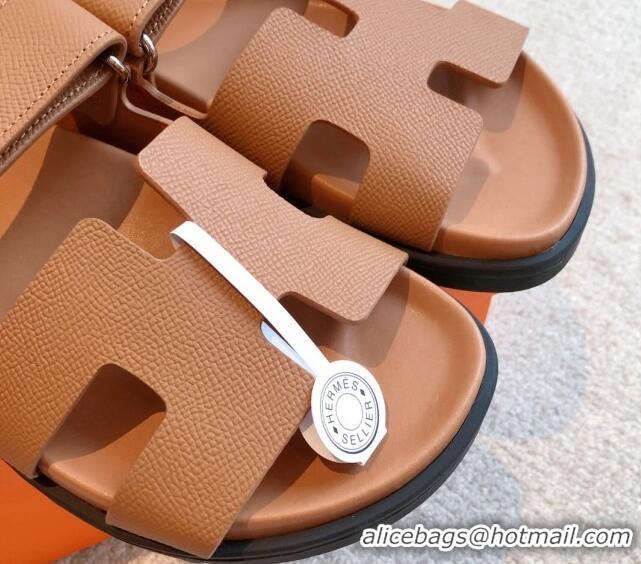 Shop Duplicate Hermes Chypre Flat Sandals in Palm-Grained Calfskin Brown/Silver 425169