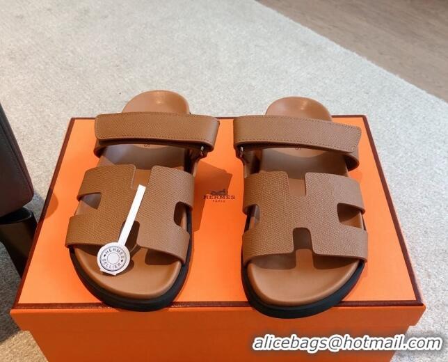 Shop Duplicate Hermes Chypre Flat Sandals in Palm-Grained Calfskin Brown/Silver 425169