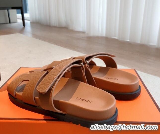 Shop Duplicate Hermes Chypre Flat Sandals in Palm-Grained Calfskin Brown/Silver 425169