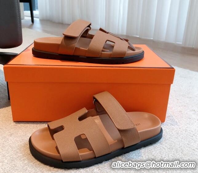 Shop Duplicate Hermes Chypre Flat Sandals in Palm-Grained Calfskin Brown/Silver 425169