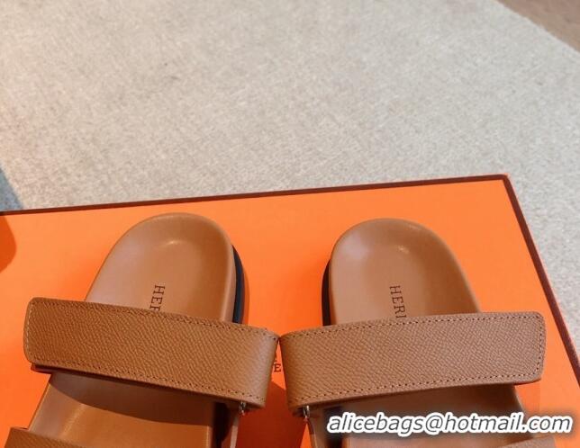 Shop Duplicate Hermes Chypre Flat Sandals in Palm-Grained Calfskin Brown/Silver 425169