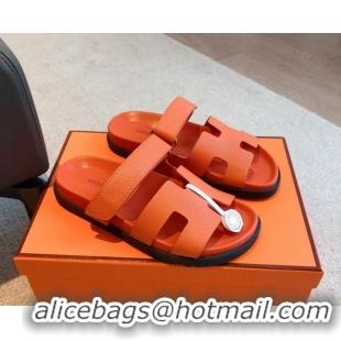 Purchase Hermes Chypre Flat Sandals in Palm-Grained Calfskin Orange 425170